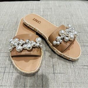 INC International Concepts Tan Espadrille Slides with Pearl Accents